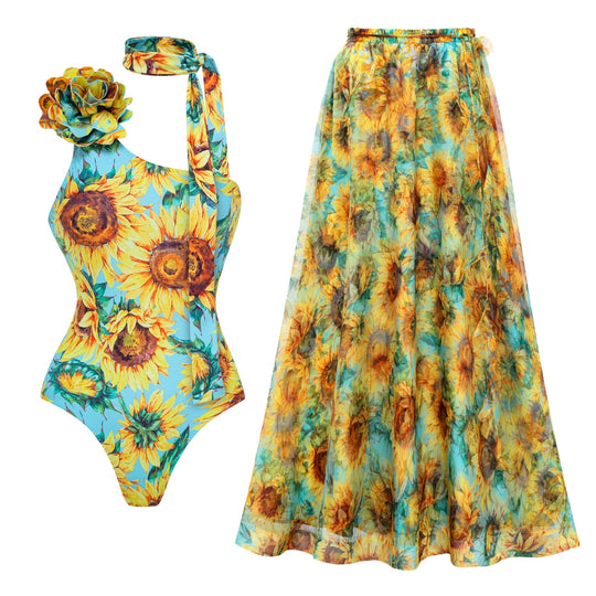Damen Einseitiger Badeanzug mit floralen Applikationen EB