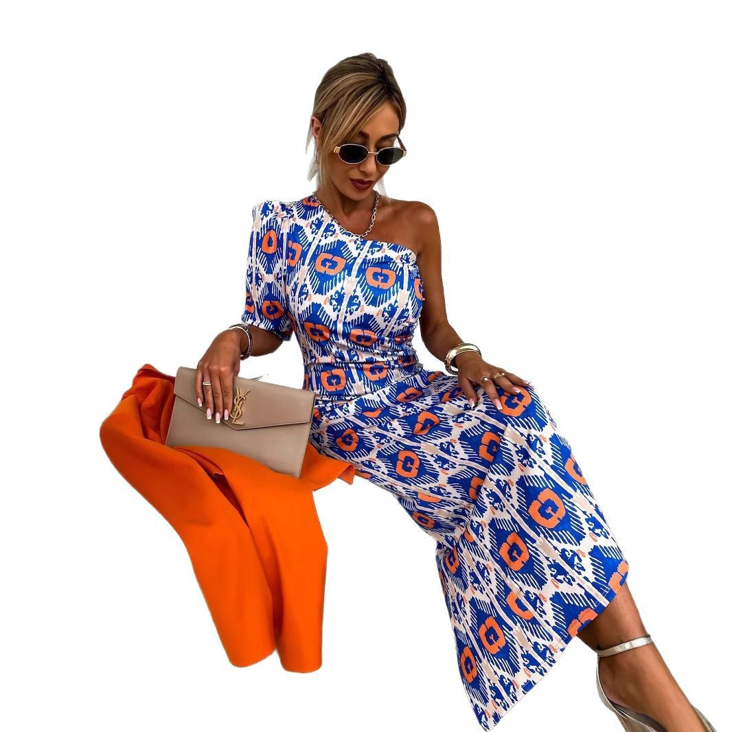 Damen Elegantes Knistern Maxikleid mit asymmetrischem Design und Rüschendetails EB