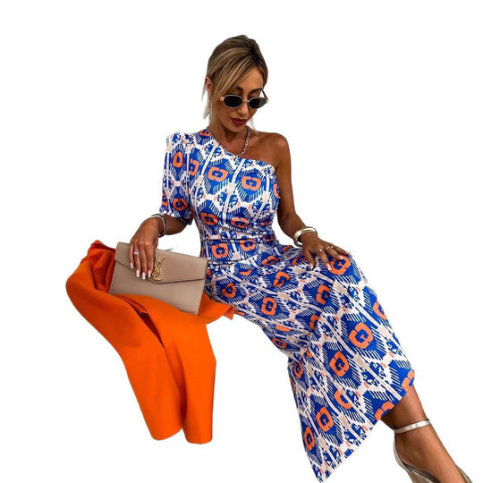 Damen Elegantes Knistern Maxikleid mit asymmetrischem Design und Rüschendetails EB