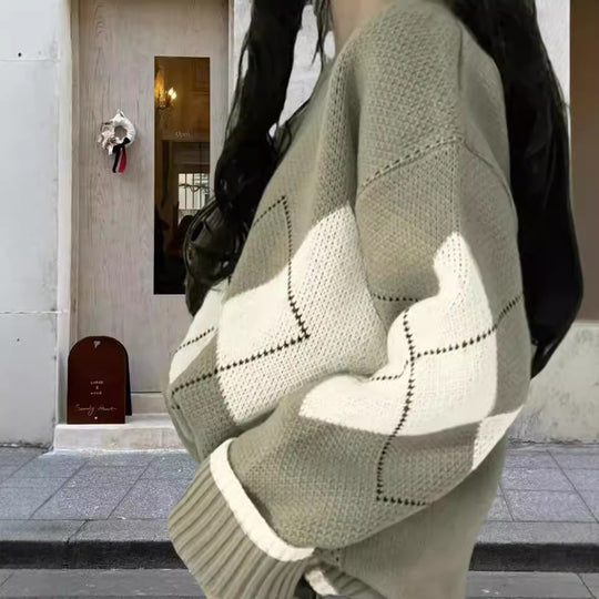 Damen Grobstrickpullover mit modernen Rautenmustern und weitem Schnitt EB