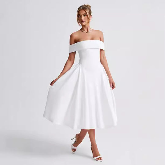 Damen Elegantes Off-Shoulder Midikleid mit ausladenden Falten und Taschen EB