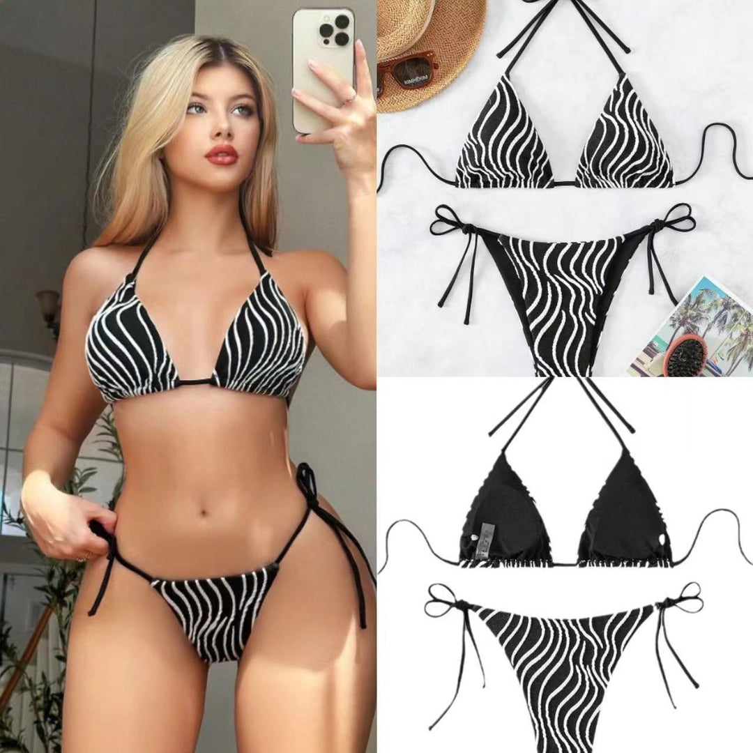 Damen Triangel-Bikini mit verstellbaren Bändern und stilvollem Streifenmuster EB