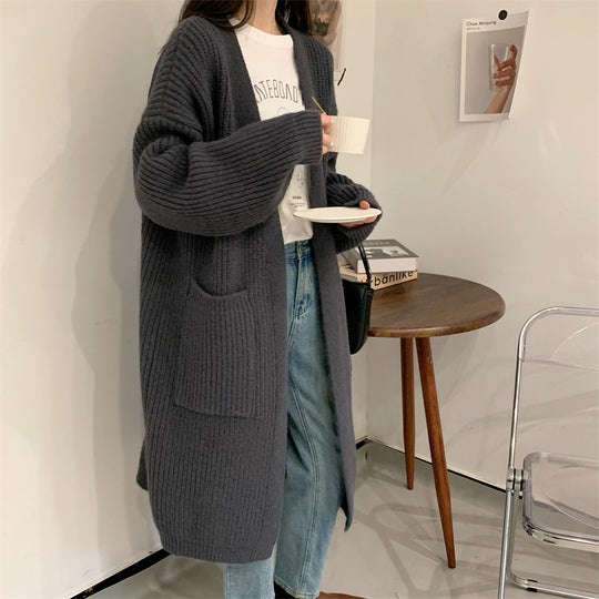 Damen Langer Strick-Cardigan mit tiefen Taschen und luftiger Passform EB