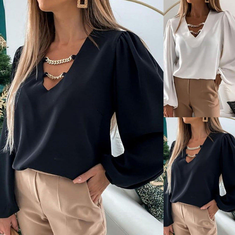 Damen elegante V-Ausschnitt Bluse mit Kettendetail EB