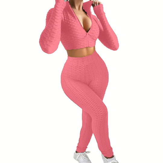 Damen Sportliches Zwei-Teiliges Set mit hochgeschlossenem Reißverschluss und strukturierter Oberfläche EB