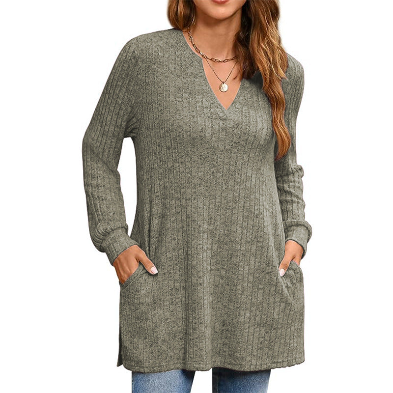 Damen Strickpullover mit V-Ausschnitt und praktischen Taschen EB