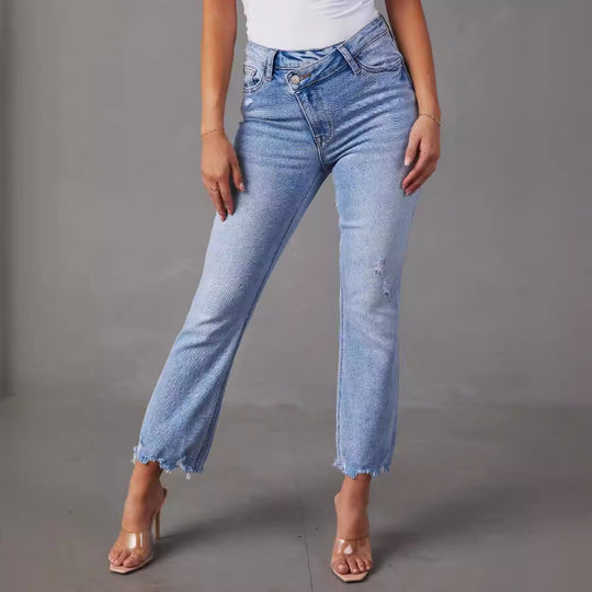 Damen High-Waist Jeans mit trendy Fransen und distressed Details EB
