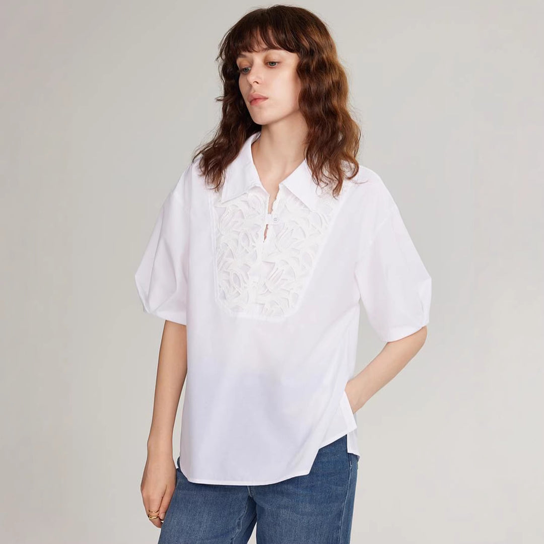 Damen Elegante Bluse mit traumhaftem Stickdesign und Knopfdetails EB