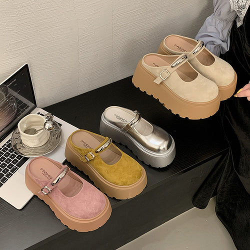 Damen Stilvolle Plateau-Mules mit verstellbarem Riemen und rutschfester Sohle EB