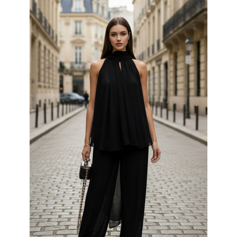 Damen Elegantes Chiffonoberteil mit tiefem Wasserfallausschnitt und fließendem Stoff EB