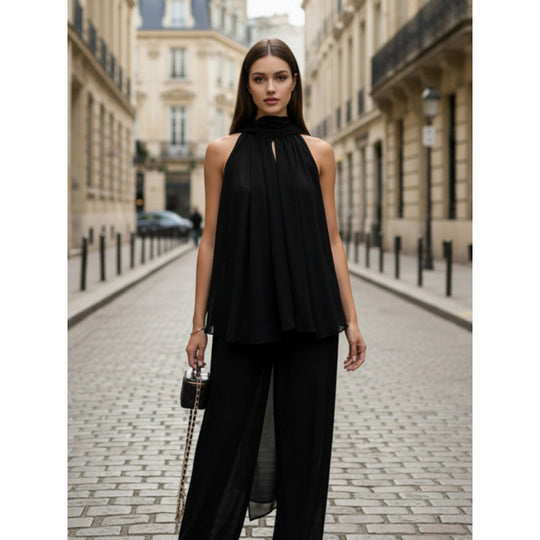 Damen Elegantes Chiffonoberteil mit tiefem Wasserfallausschnitt und fließendem Stoff EB