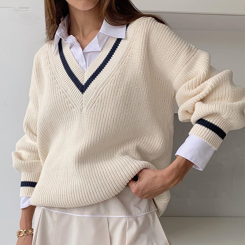 Damen Strickpullover mit V-Ausschnitt und Ballonärmel EB