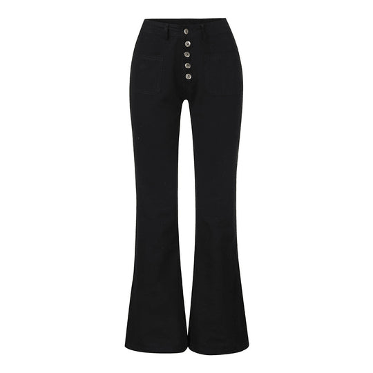 Damen nan High-Waist Schlaghose mit sichtbarer Knopfleiste und aufgesetzten Fronttaschen EB