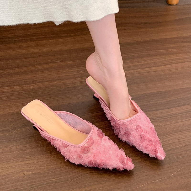 Damen Elegante Mules mit floralem Rosen-Design und modischem Absatz EB