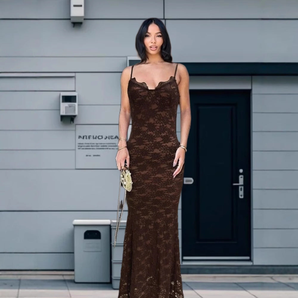 Damen Elegantes Spitzen-Maxikleid mit tiefem V-Ausschnitt EB