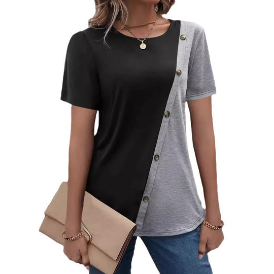 Damen kurzärmliges T-Shirt mit asymmetrischem Design und Knopfdetails EB