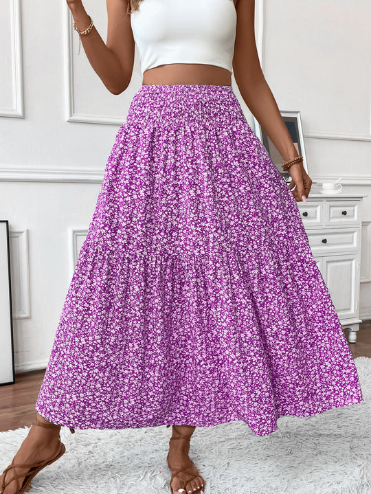 Damen Langer Rock mit floralem Print und elastischem Bund Heidi Mode