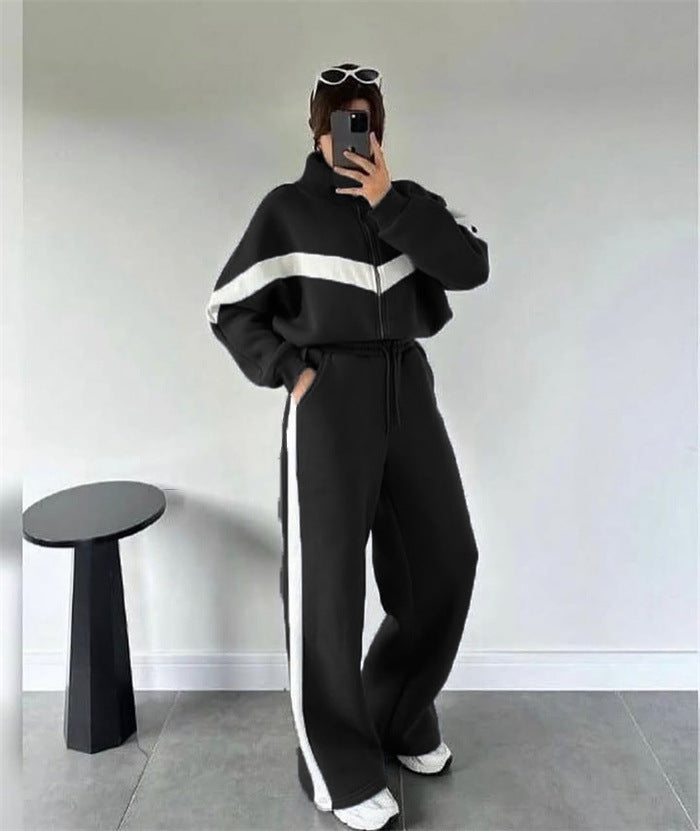 Damen nan zweiteiliges Lounge-Set mit Zip-Hoodie und weitem Highwaist-Hose mit Seitenstreifen EB
