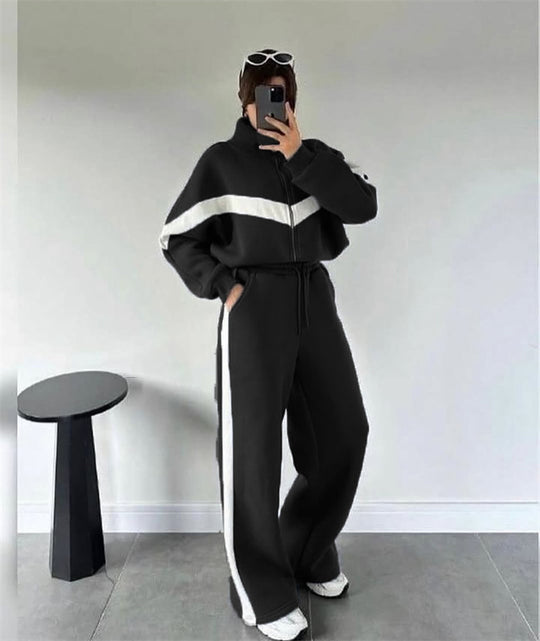Damen nan zweiteiliges Lounge-Set mit Zip-Hoodie und weitem Highwaist-Hose mit Seitenstreifen EB