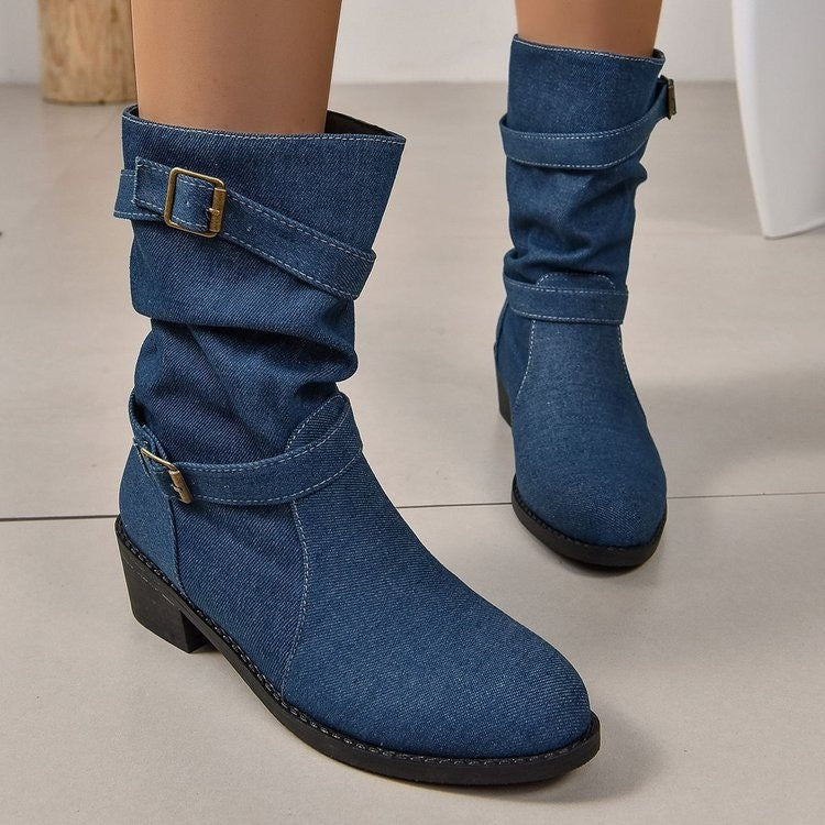 Damen Stiefeletten mit modischem Falten-Design und verstellbarem Riemen EB