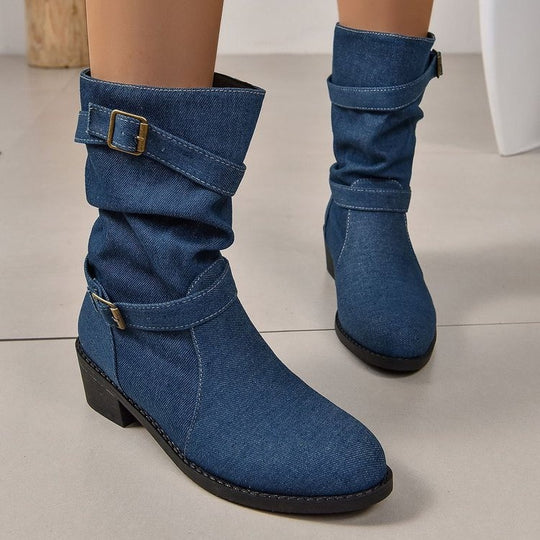 Damen Stiefeletten mit modischem Falten-Design und verstellbarem Riemen EB