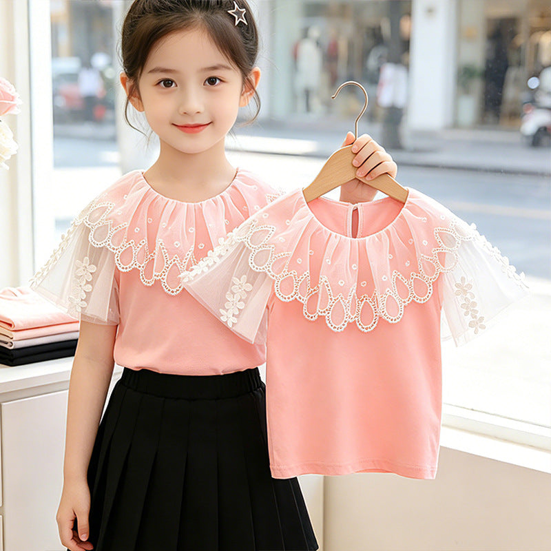 Mädchen T-Shirt mit elegantem Tüllkragen und floralem Detail EB