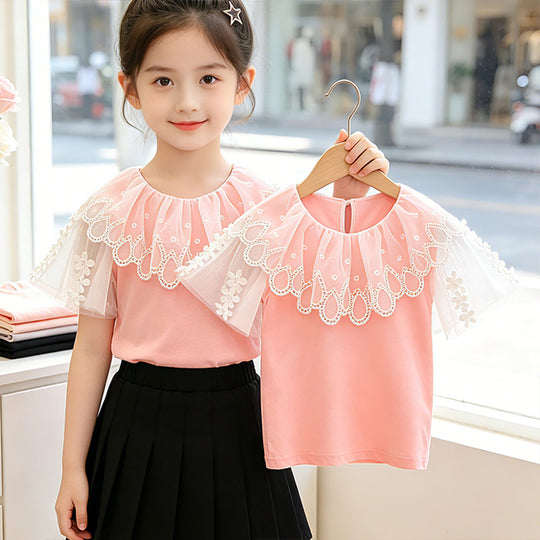 Mädchen T-Shirt mit elegantem Tüllkragen und floralem Detail EB