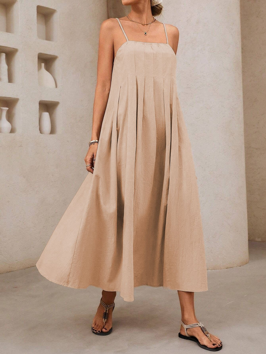 Damen Langärmliges Maxikleid mit Faltenwurf und Spaghettiträgern EB