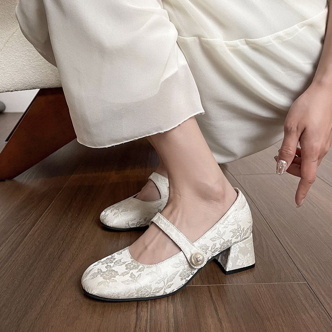 Damen elegante Mary Jane Pumps mit floralem Jacquard-Muster und bequemem Blockabsatz EB