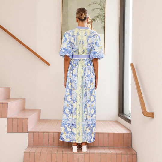 Damen Maxikleid mit floralem Knopfleisten-Design und tailliertem Gürtel EB