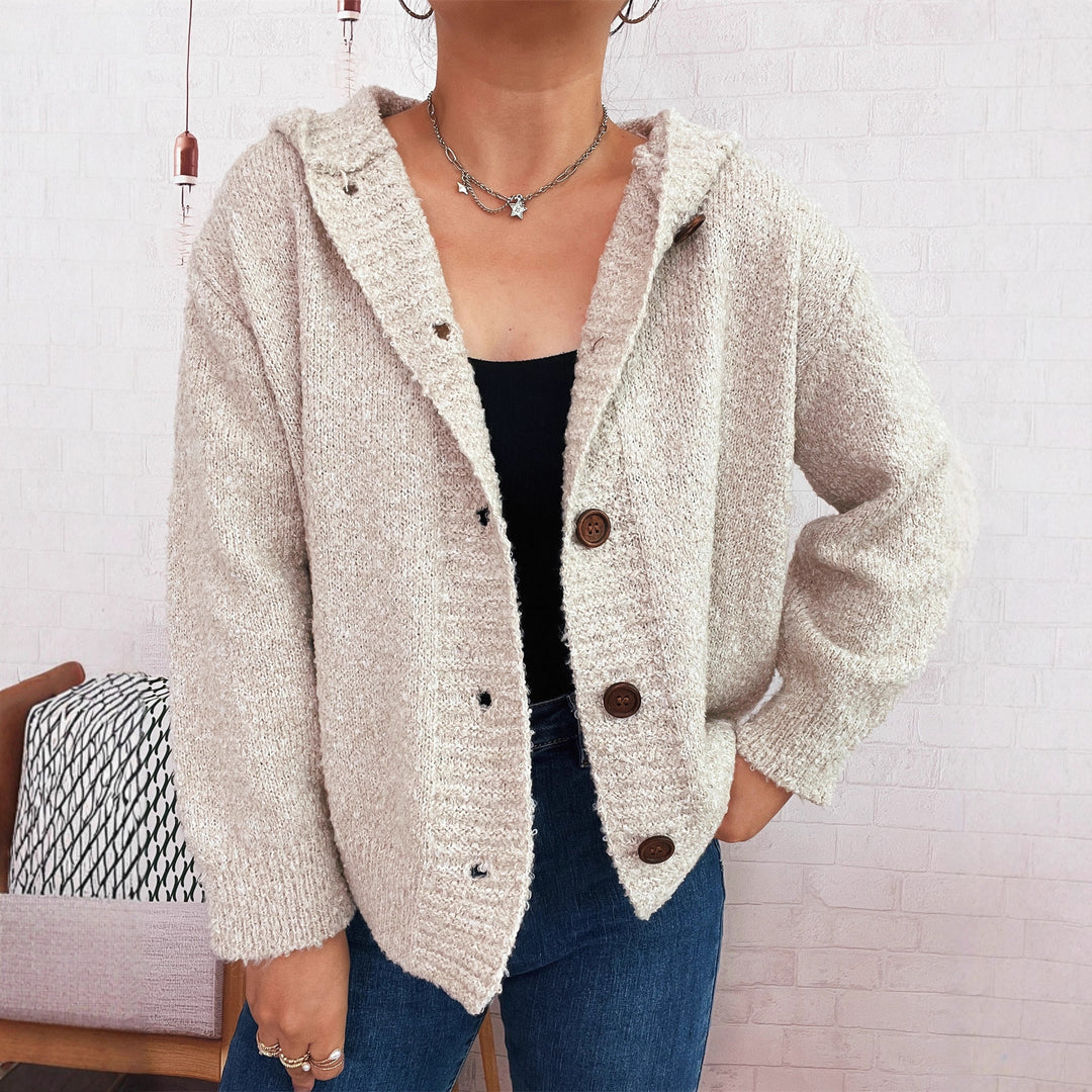 Damen kuschelige Strickjacke mit Kapuze und Knopfdetails EB