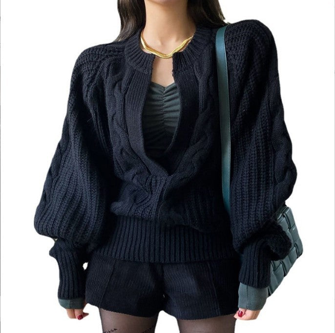 Damen Grobstrick-Pullover mit voluminösen Ärmeln und V-Ausschnitt EB