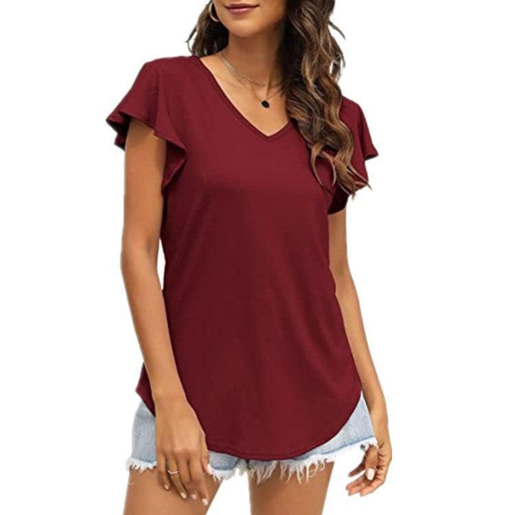 Damen V-Ausschnitt T-Shirt mit Rüschenärmeln und lässigem Schnitt EB