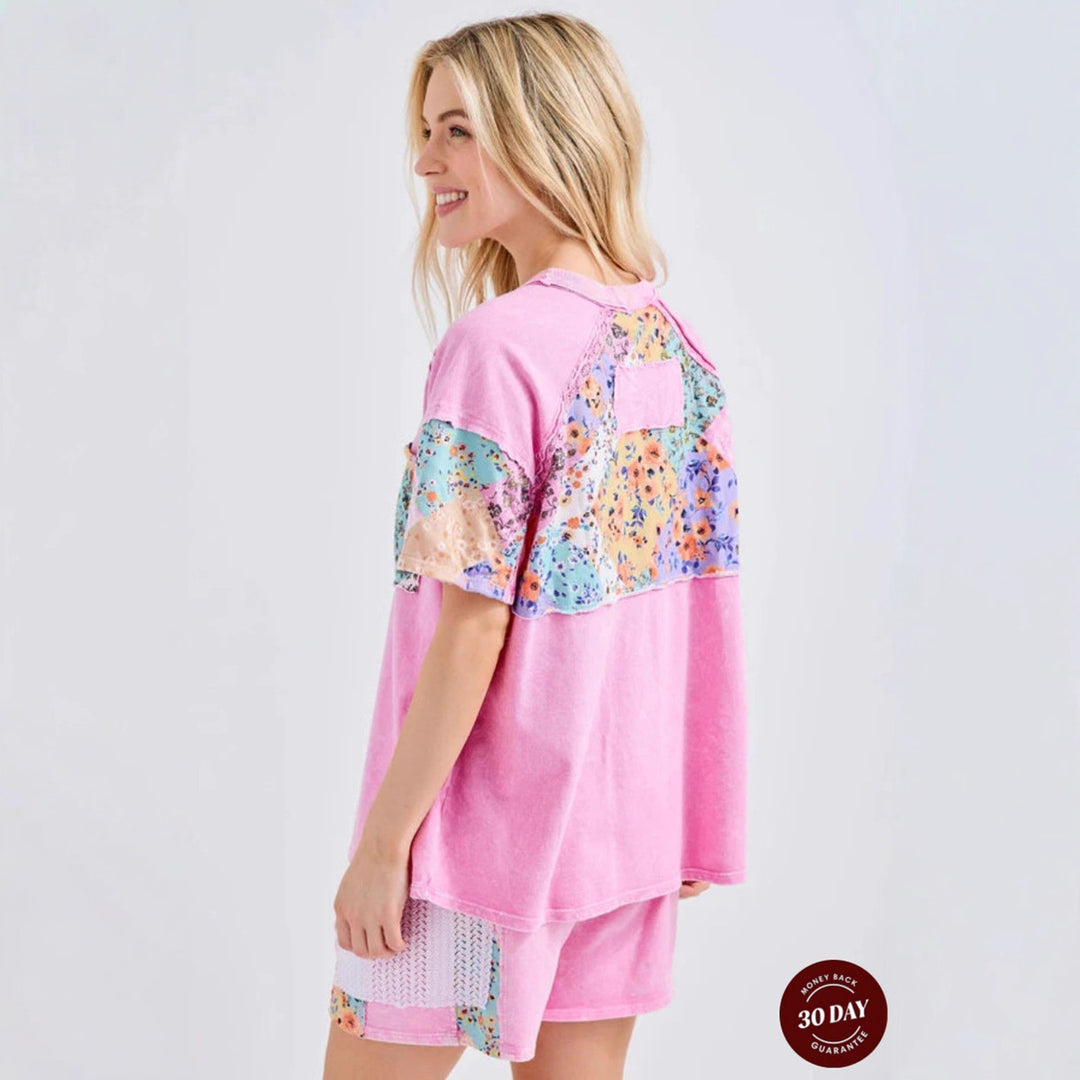 Damen nan lässiges Loungewear-Zweiteiler mit Oversize-Shirt, Kordelshorts, Patchwork-Tasche und Häkelbesatz EB