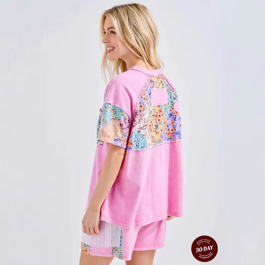 Damen nan lässiges Loungewear-Zweiteiler mit Oversize-Shirt, Kordelshorts, Patchwork-Tasche und Häkelbesatz EB