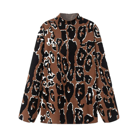 Damen Oversized Pullover mit animalischem Muster und hohem Kragen EB