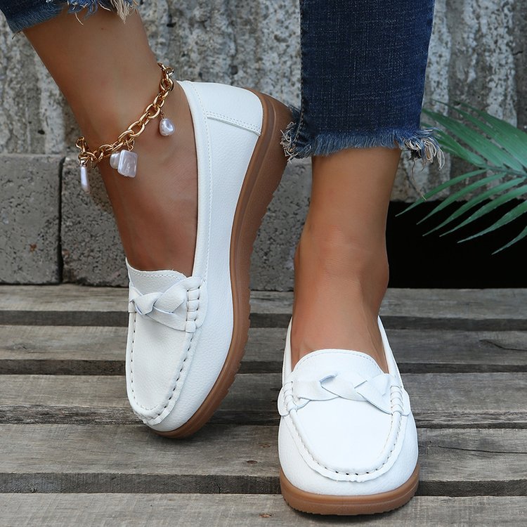 Damen nan Mokassin-Loafer mit geflochtenem Vorderblatt sichtbarer Kontrastnaht und ergonomischer Keilsohle EB