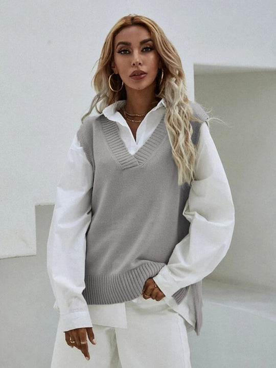 Damen Strickweste mit V-Ausschnitt und modernen Details EB