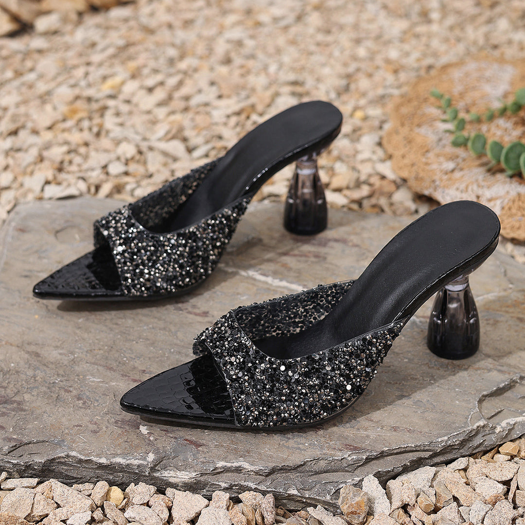 Damen Glamouröse und funkelnde High Heels mit transparentem Blockabsatz EB