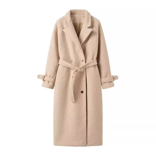 Damen eleganter und kuscheliger Wollmantel mit Gürtel und aufgesetzten Taschen EB