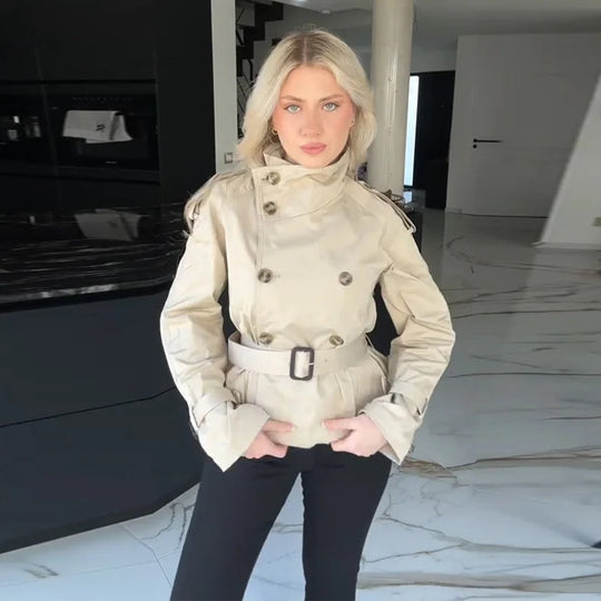 Damen Eleganter Kurz-Trenchcoat mit doppelter Knopfleiste und Taillengürtel EB