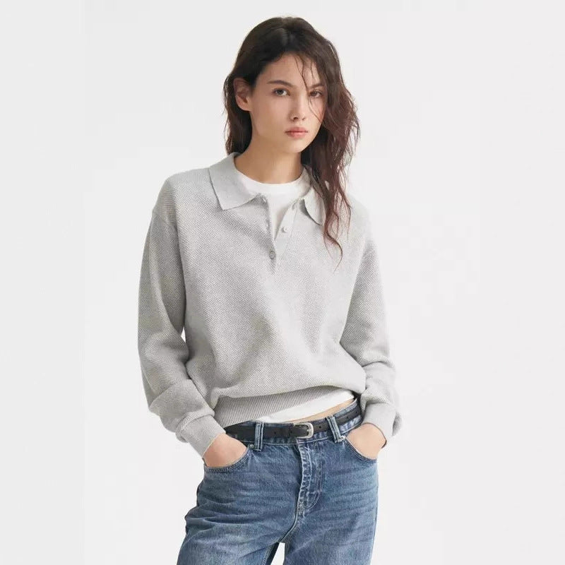 Damen Feinstrick-Polo-Sweater mit Knopfleiste und geripptem Saum EB
