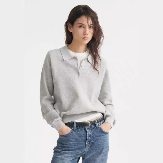 Damen Feinstrick-Polo-Sweater mit Knopfleiste und geripptem Saum EB