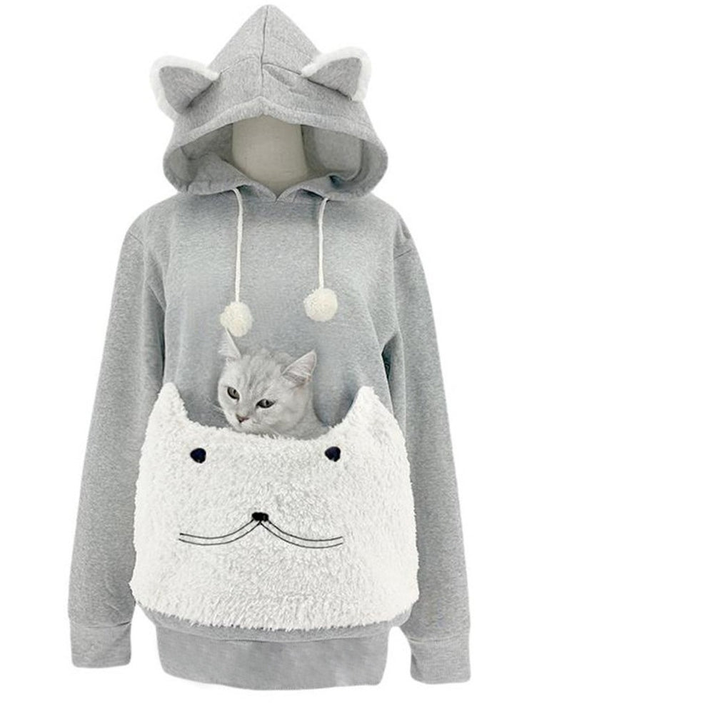 Damen Kuscheliger Kapuzenpullover mit Katzenmotiv und praktischer Känguru-Tasche EB