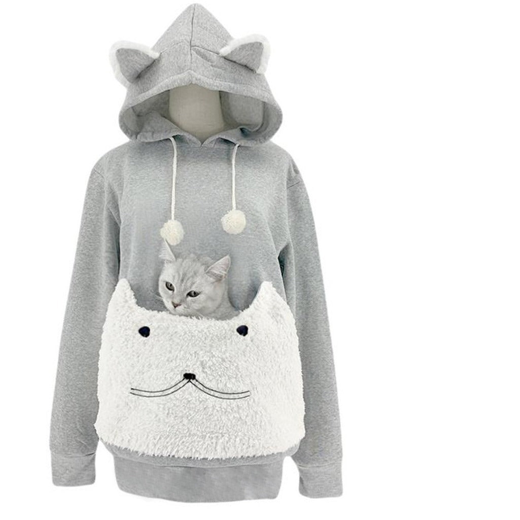 Damen Kuscheliger Kapuzenpullover mit Katzenmotiv und praktischer Känguru-Tasche EB