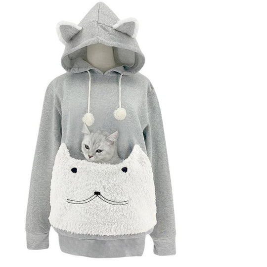 Damen Kuscheliger Kapuzenpullover mit Katzenmotiv und praktischer Känguru-Tasche EB