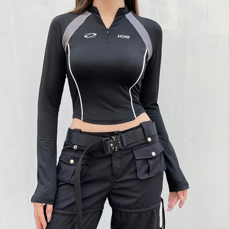 Damen Sportliches Kurzarm-Top mit Reißverschluss und kontrastierenden Nähte EB