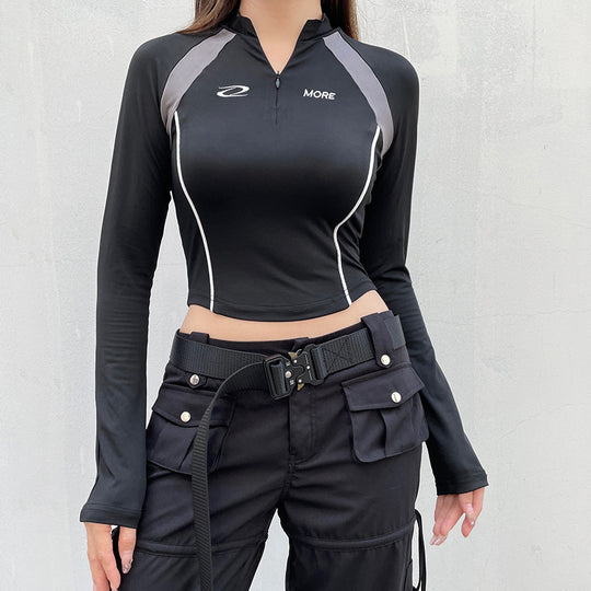 Damen Sportliches Kurzarm-Top mit Reißverschluss und kontrastierenden Nähte EB