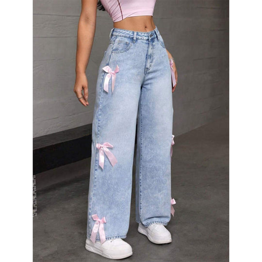 Damen Weite Jeans mit dekorativen Schleifen-Details EB