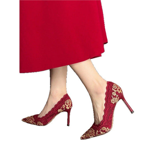 Damen elegante High Heel Schuhe mit raffiniertem Spitzenmuster EB